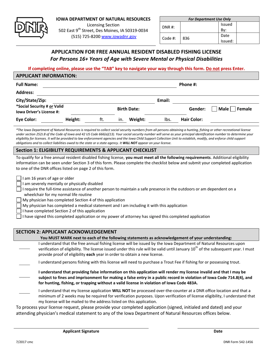 DNR Form 542-1456 Application for Free Annual Resident Disabled Fishing License for Persons 16+ Years of Age With Severe Mental or Physical Disabilities - Iowa, Page 1