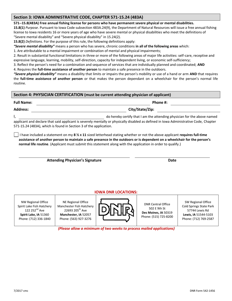 DNR Form 542-1456 Application for Free Annual Resident Disabled Fishing License for Persons 16+ Years of Age With Severe Mental or Physical Disabilities - Iowa, Page 2