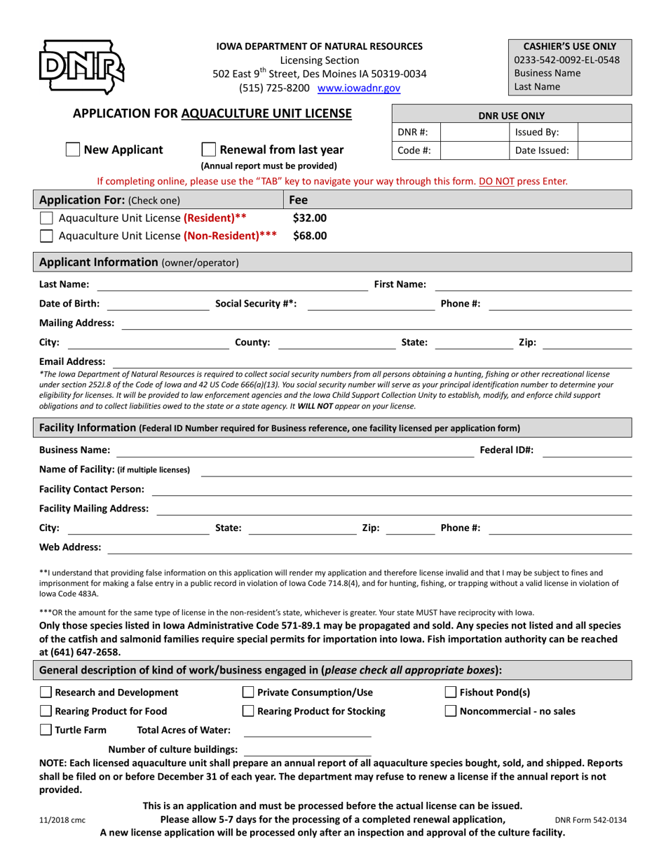 DNR Form 542-0134 Application for Aquaculture Unit License - Iowa, Page 1