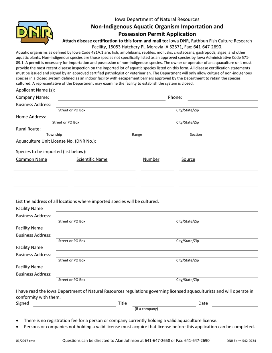 DNR Form 542-0734 Non-indigenous Aquatic Organism Importation and Possession Permit Application - Iowa, Page 1