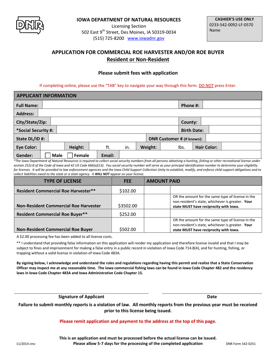 DNR Form 542-0251 Application for Commercial Roe Harvester and / or Roe Buyer - Resident or Non-resident - Iowa, Page 1