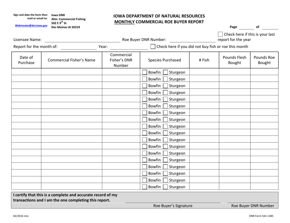 DNR Form 542-1385 Monthly Commercial Roe Buyer Report - Iowa, Page 1