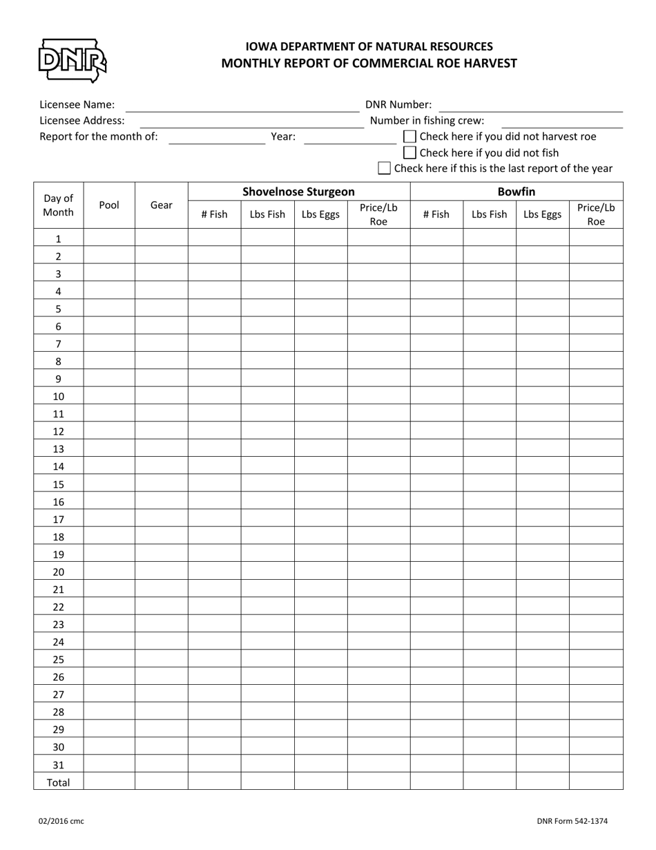 DNR Form 542-1374 Monthly Report of Commercial Roe Harvest - Iowa, Page 1