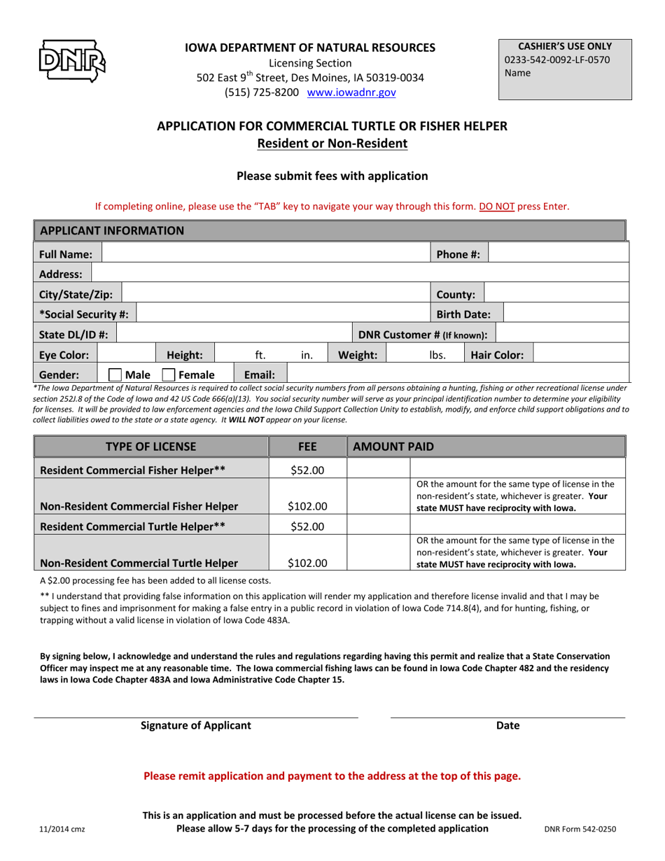 DNR Form 542-0250 Application for Commercial Turtle or Fisher Helper - Resident or Non-resident - Iowa, Page 1