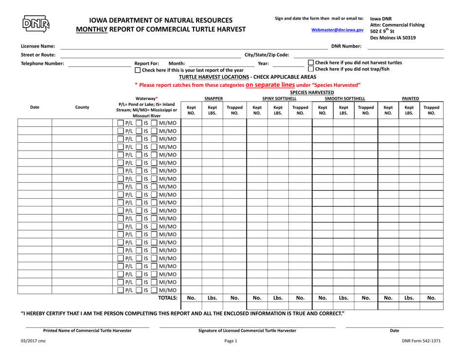 DNR Form 542-1371 Monthly Report of Commercial Turtle Harvest - Iowa, Page 1