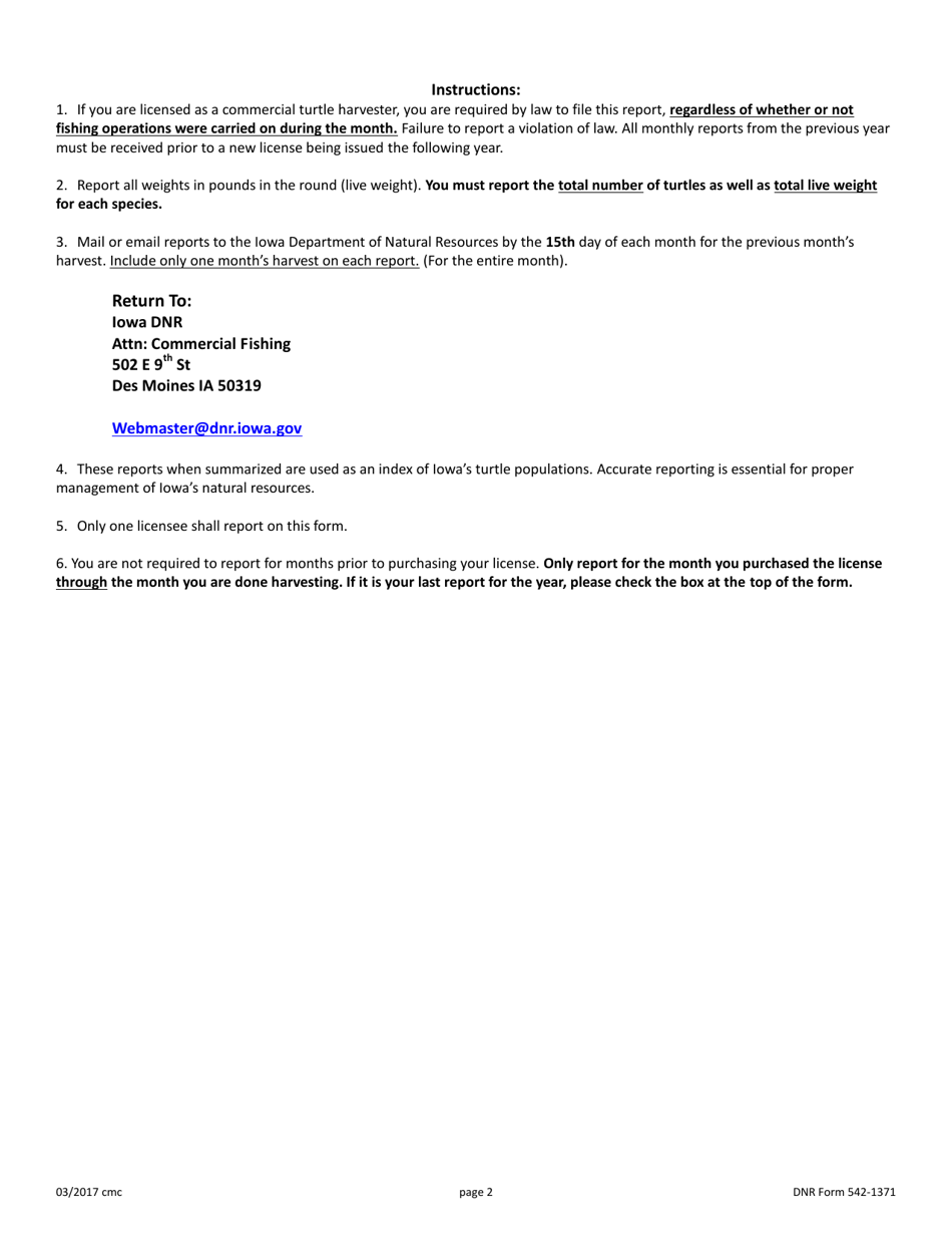 DNR Form 542-1371 Monthly Report of Commercial Turtle Harvest - Iowa, Page 2