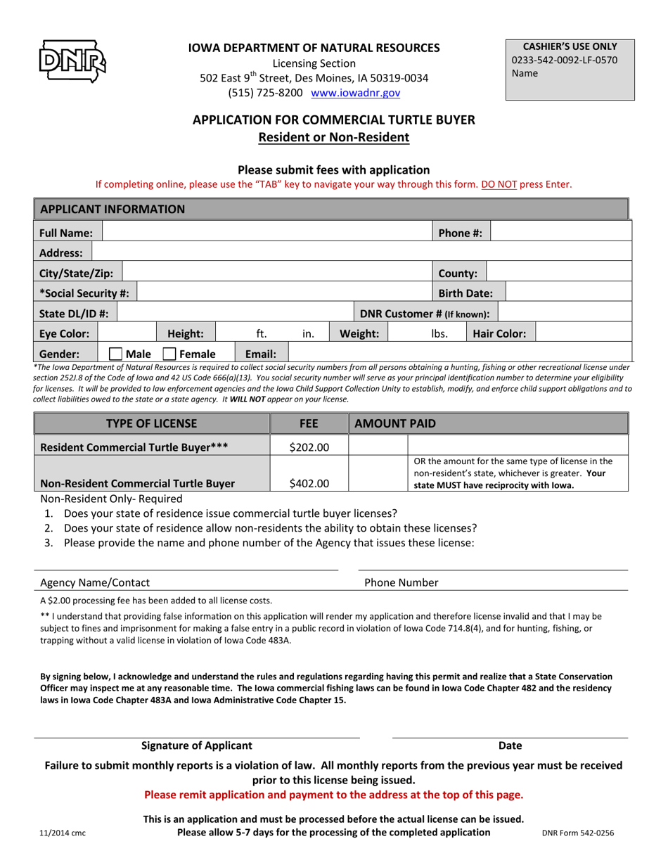 DNR Form 542-0256 Application for Commercial Turtle Buyer - Resident or Non-resident - Iowa, Page 1