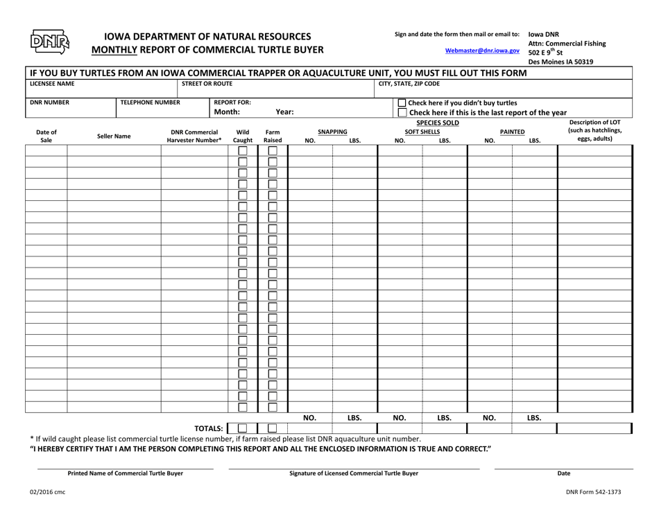 DNR Form 542-1373 Monthly Report of Commercial Turtle Buyer - Iowa, Page 1