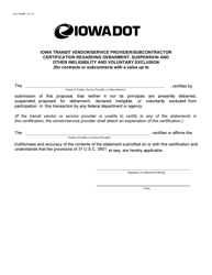 Form 020086 &quot;Iowa Transit Vendor/Service Provider Certification Regarding Debarment Suspension and Other Ineligibility and Voluntary Exclusion&quot; - Iowa