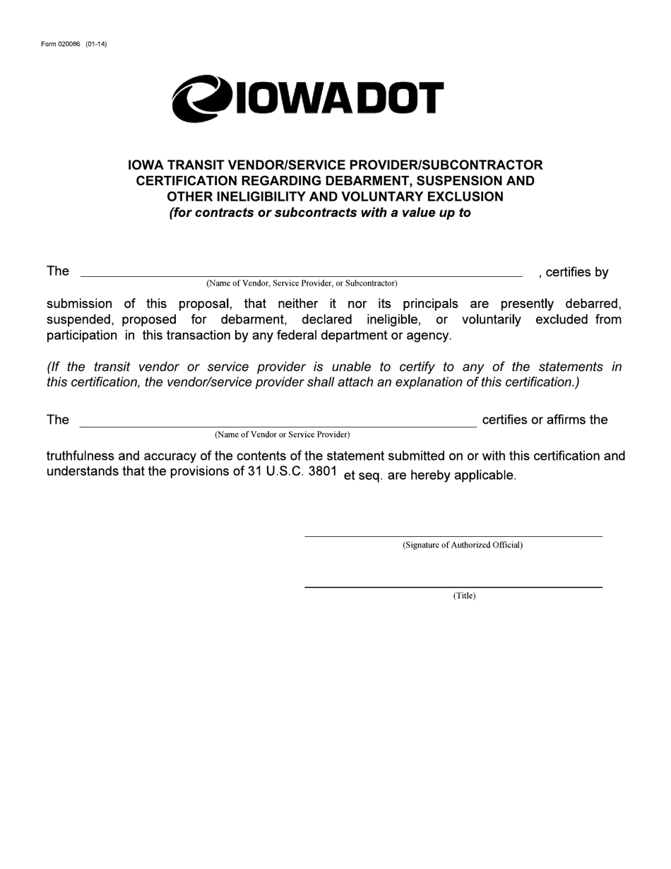 Form 020086 Iowa Transit Vendor / Service Provider Certification Regarding Debarment Suspension and Other Ineligibility and Voluntary Exclusion - Iowa, Page 1