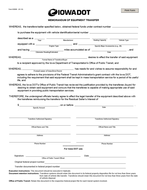 Form 020095 Memorandum of Equipment Transfer - Iowa