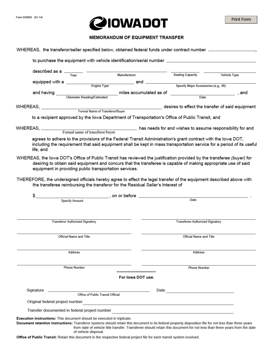 Form 020095 Memorandum of Equipment Transfer - Iowa, Page 1