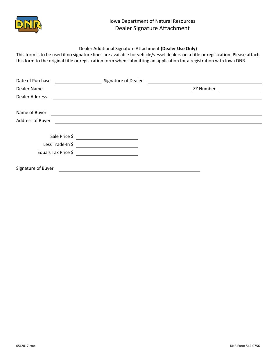 DNR Form 542-0756 Dealer Signature Attachment - Iowa, Page 1