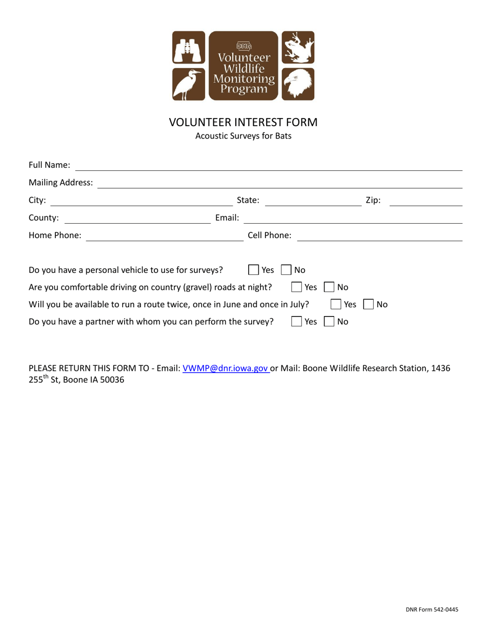 DNR Form 542-0445 Volunteer Interest Form - Iowa, Page 1