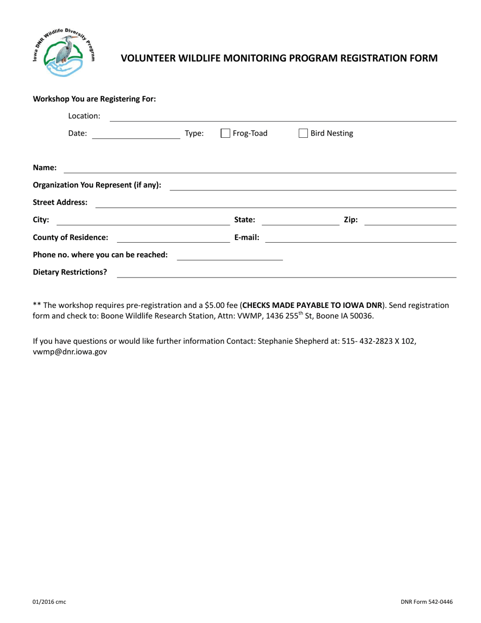 DNR Form 542-0446 Volunteer Wildlife Monitoring Program Registration Form - Iowa, Page 1