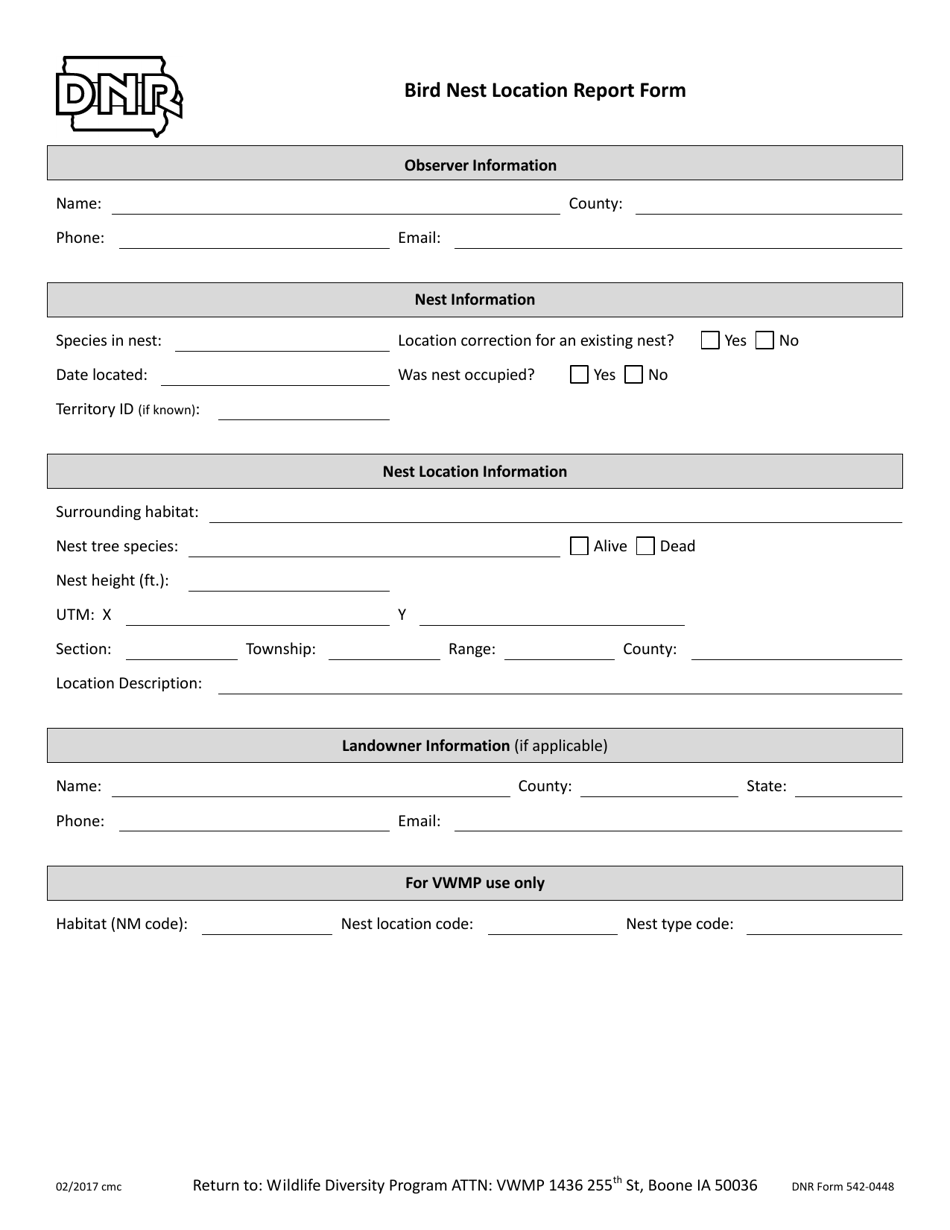 DNR Form 542-0448 Bird Nest Location Report Form - Iowa, Page 1