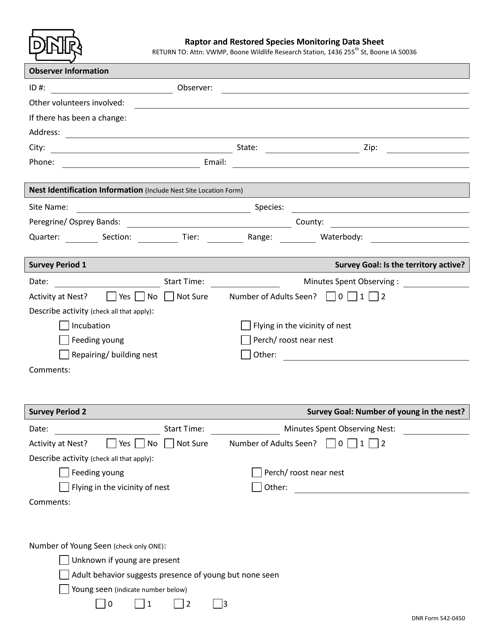 DNR Form 542-0450 Raptor and Restored Species Monitoring Data Sheet - Iowa