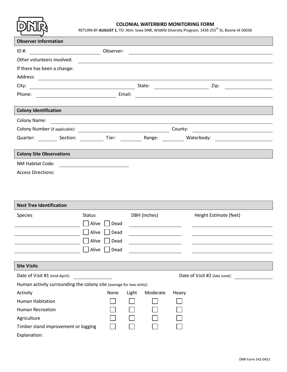 DNR Form 542-0451 Colonial Waterbird Monitoring Form - Iowa, Page 1