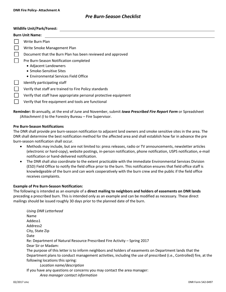 DNR Form 542-0497 Attachment A Pre Burn-Season Checklist - Iowa, Page 1