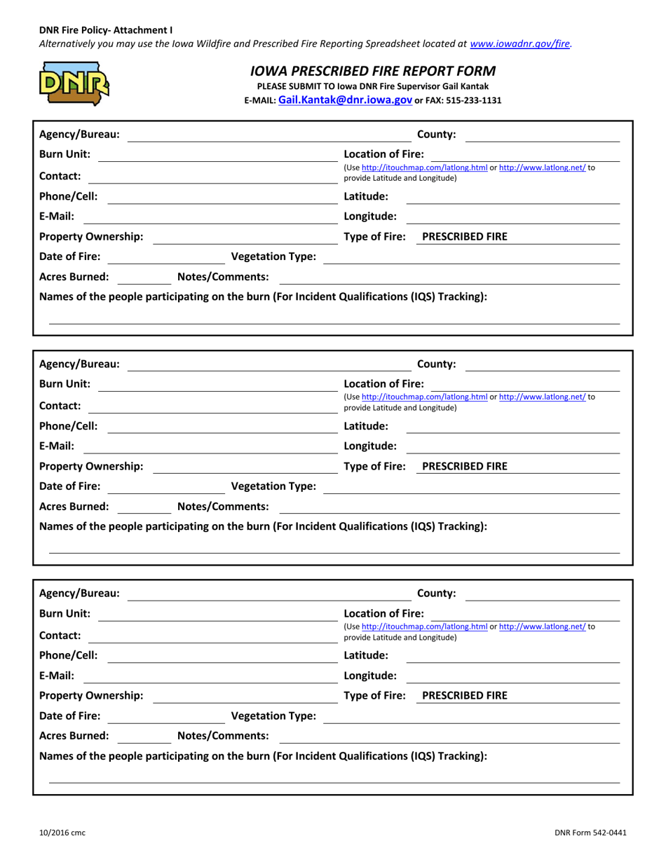 DNR Form 542-0441 Attachment I Iowa Prescribed Fire Report Form - Iowa, Page 1