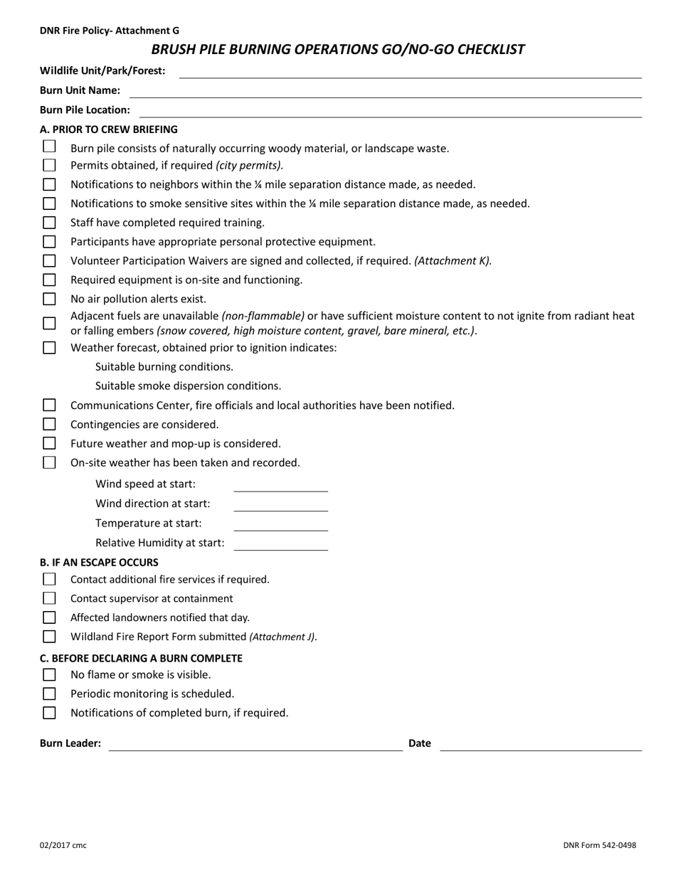 DNR Form 542-0498 Attachment G Brush Pile Burning Operations Go / No-Go Checklist - Iowa, Page 1