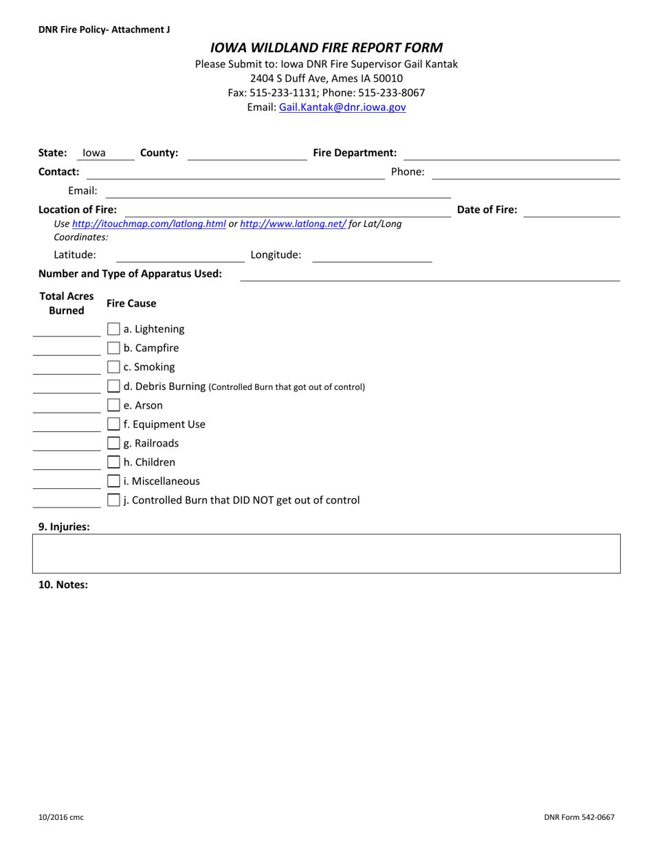 DNR Form 542-0667 Attachment J Iowa Wildland Fire Report Form - Iowa, Page 1