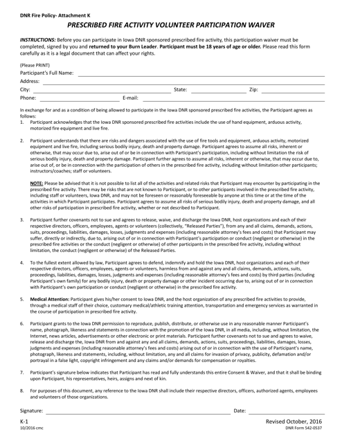 DNR Form 542-0537 Attachment K Prescribed Fire Activity Volunteer Participation Waiver - Iowa