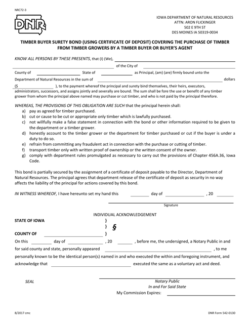 DNR Form 542-0130 Timber Buyer Surety Bond (Using Certificate of Deposit) Covering the Purchase of Timber From Timber Growers by a Timber Buyer or Buyer's Agent - Iowa