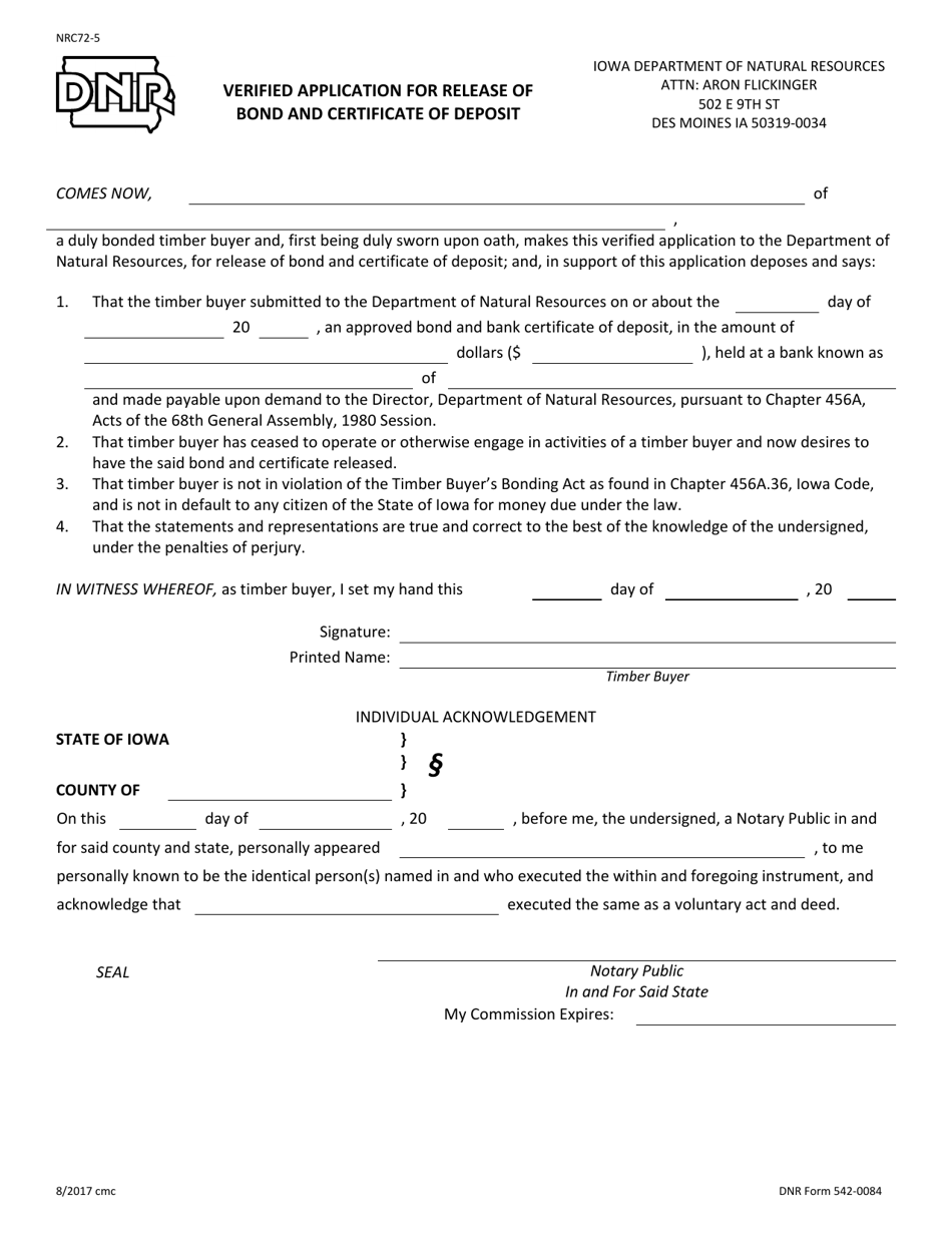 DNR Form 542-0084 Verified Application for Release of Bond and Certificate of Deposit - Iowa, Page 1
