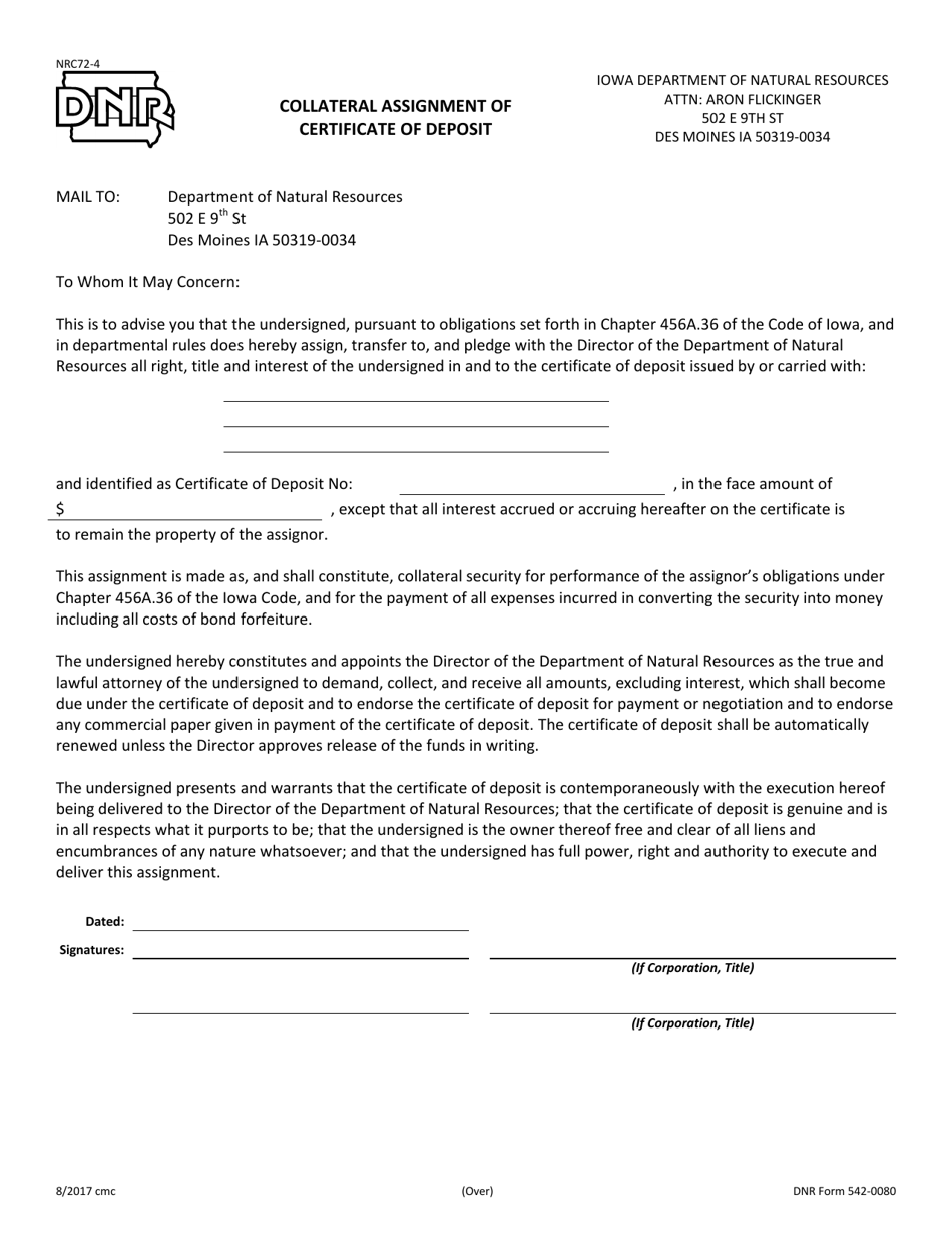 DNR Form 542-0080 Collateral Assignment of Certificate of Deposit - Iowa, Page 1
