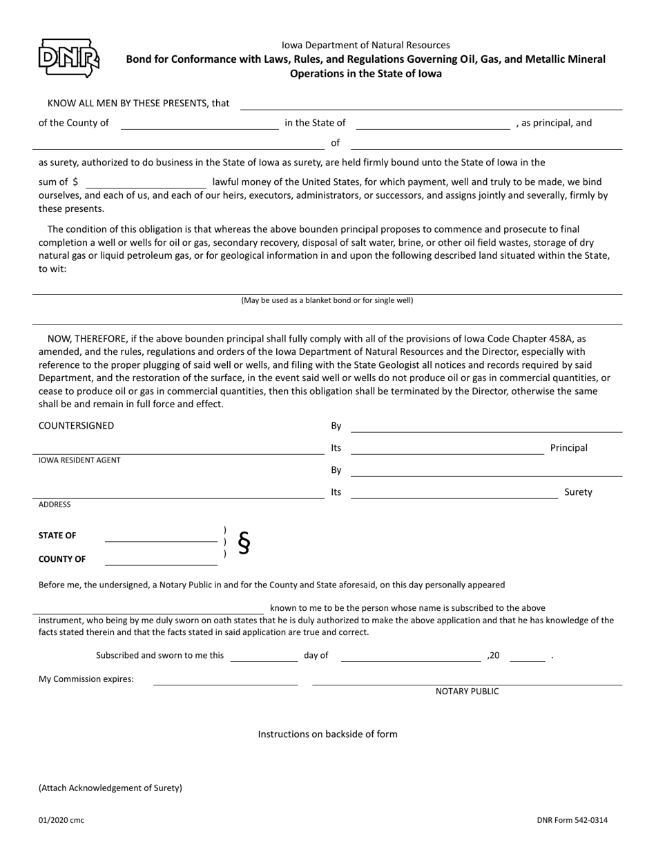 DNR Form 542-0314 Bond for Conformance With Laws, Rules, and Regulations Governing Oil, Gas, and Metallic Mineral Operations in the State of Iowa - Iowa, Page 1