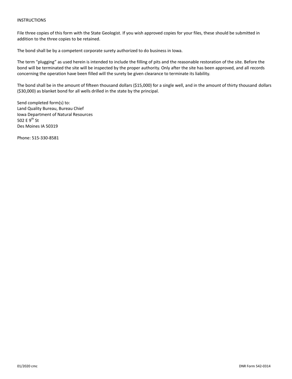 DNR Form 542-0314 Bond for Conformance With Laws, Rules, and Regulations Governing Oil, Gas, and Metallic Mineral Operations in the State of Iowa - Iowa, Page 2