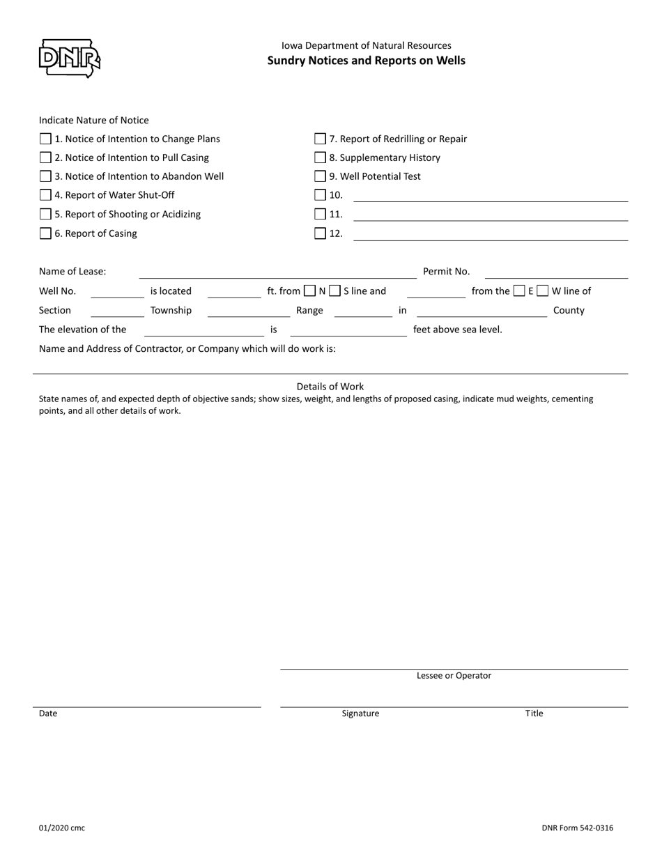 DNR Form 542-0316 Sundry Notices and Reports on Wells - Iowa, Page 1