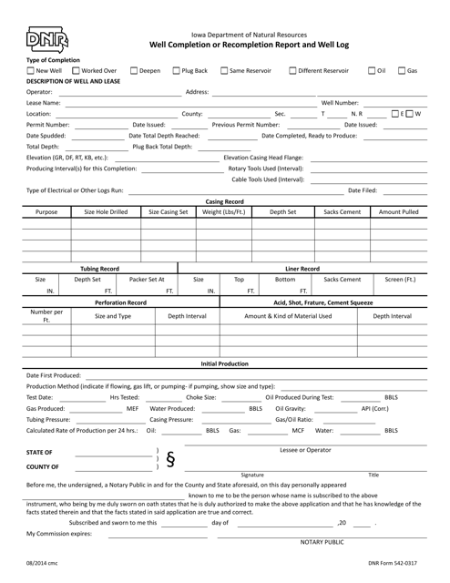 DNR Form 542-0317 Well Completion or Recompletion Report and Well Log - Iowa