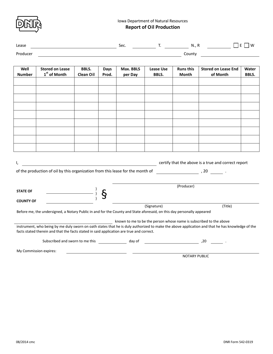DNR Form 542-0319 Report of Oil Production - Iowa, Page 1