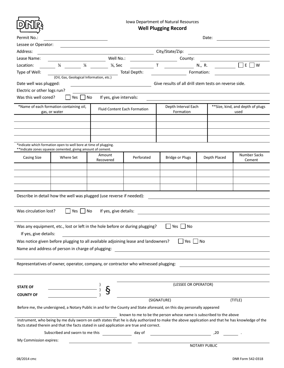 DNR Form 542-0318 Well Plugging Record - Iowa, Page 1