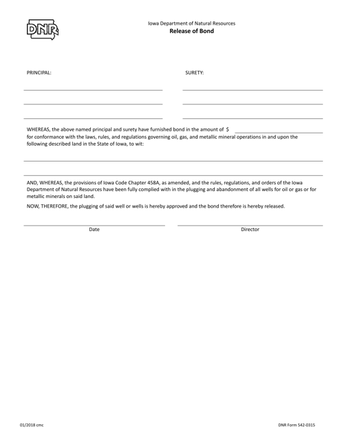DNR Form 542-0315 Release of Bond - Iowa