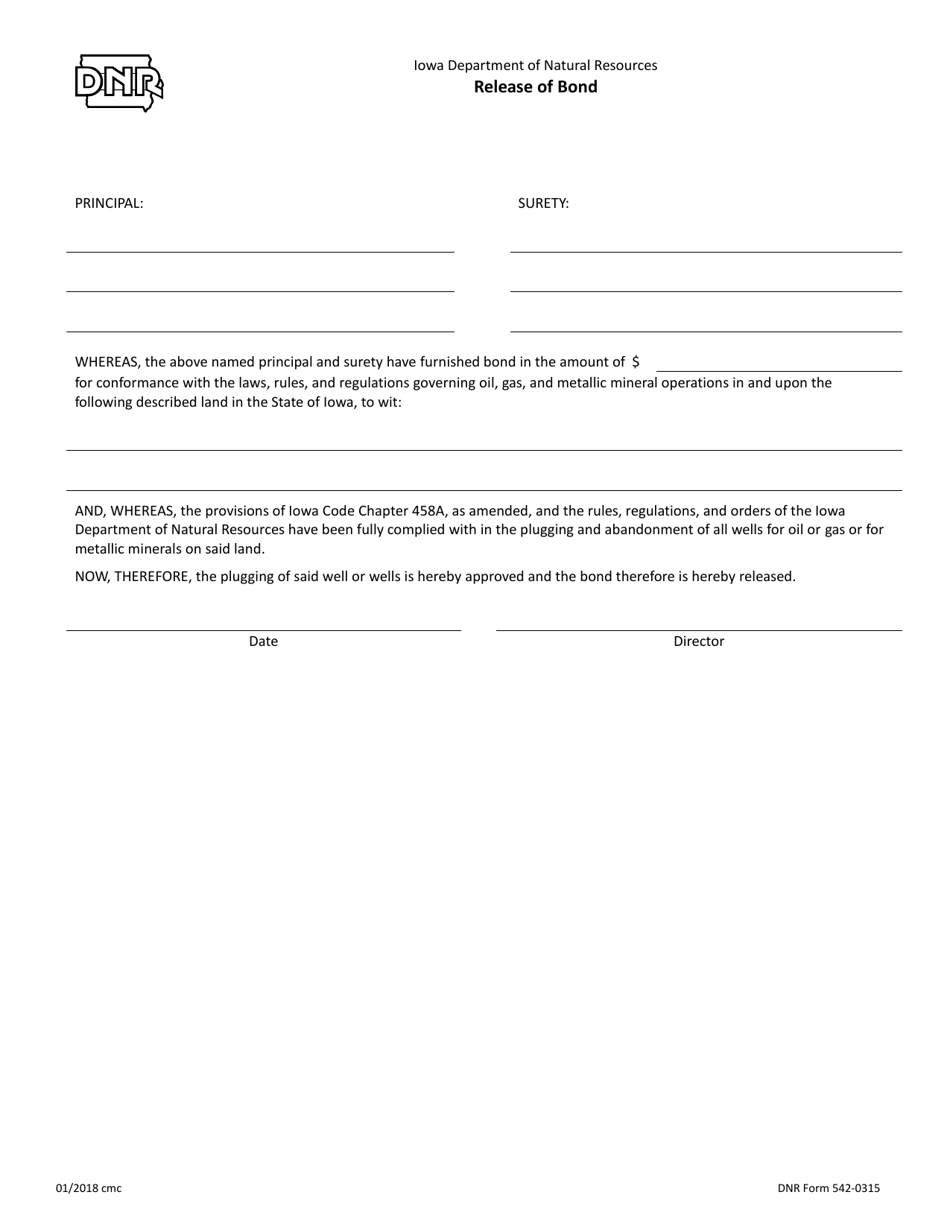 DNR Form 542-0315 Release of Bond - Iowa, Page 1