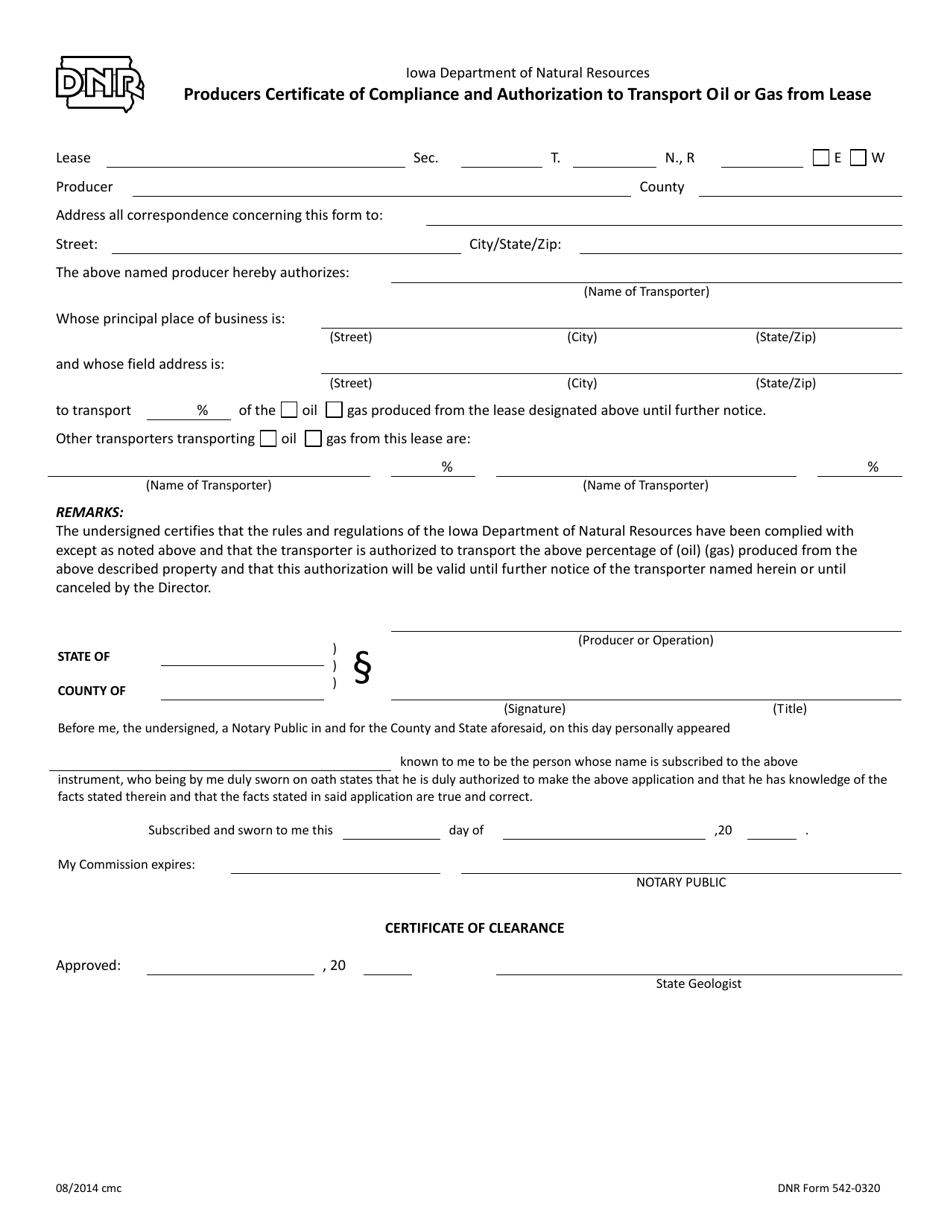 DNR Form 542-0320 Producers Certificate of Compliance and Authorization to Transport Oil or Gas From Lease - Iowa, Page 1