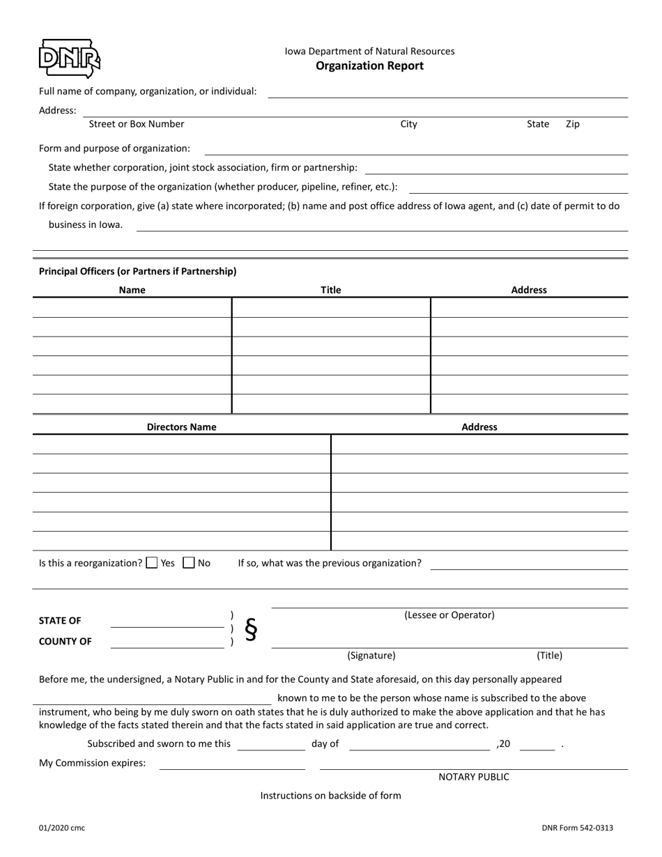 DNR Form 542-0313 Organization Report - Iowa, Page 1