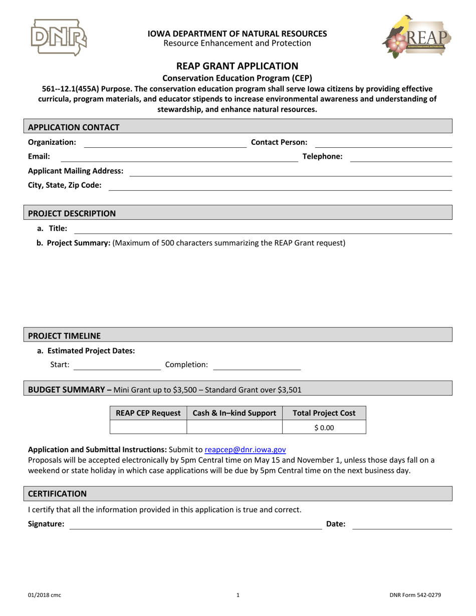 DNR Form 542-0279 Reap Grant Application - Iowa, Page 1
