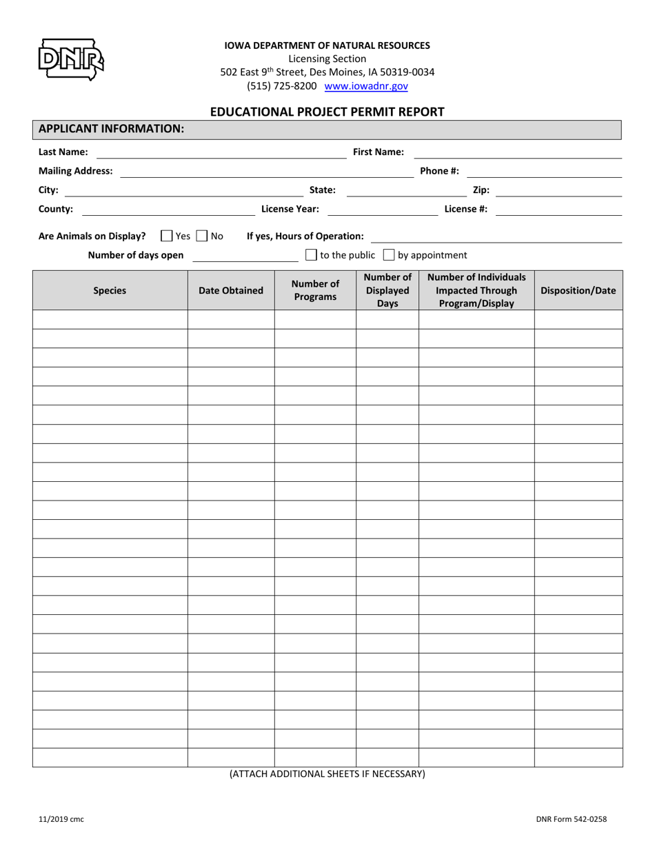 DNR Form 542-0258 Educational Project Permit Report - Iowa, Page 1