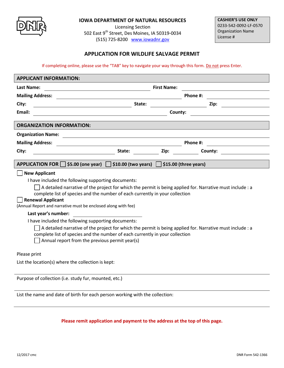 DNR Form 542-1366 Application for Wildlife Salvage Permit - Iowa, Page 1