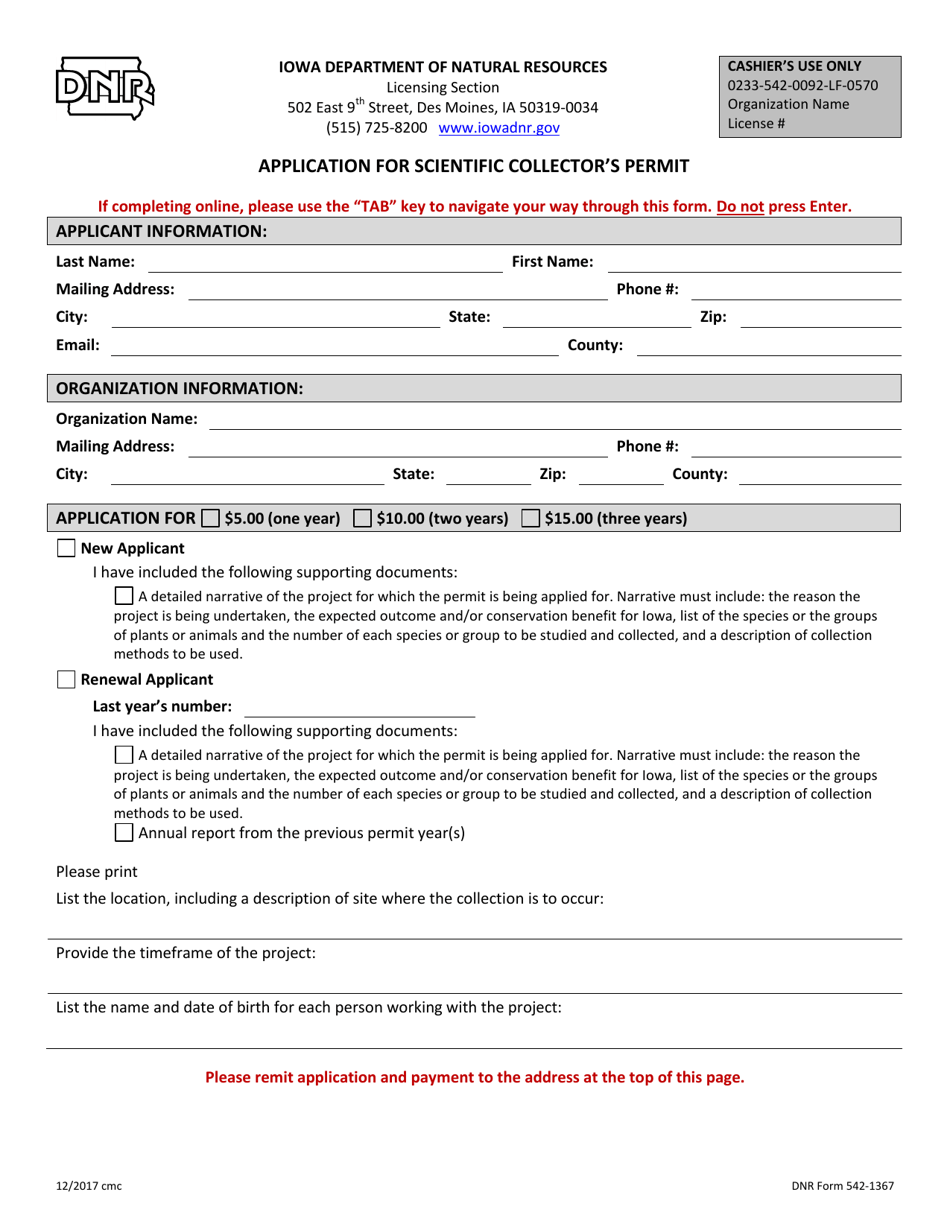 DNR Form 542-1367 Application for Scientific Collectors Permit - Iowa, Page 1