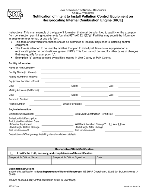 DNR Form 542-0374 Notification of Intent to Install Pollution Control Equipment on Reciprocating Internal Combustion Engine (Rice) - Iowa