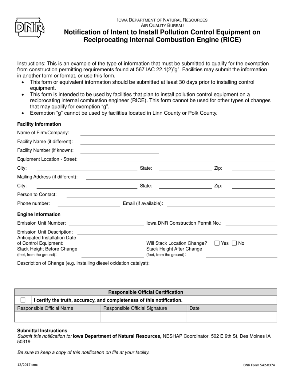 DNR Form 542-0374 Notification of Intent to Install Pollution Control Equipment on Reciprocating Internal Combustion Engine (Rice) - Iowa, Page 1