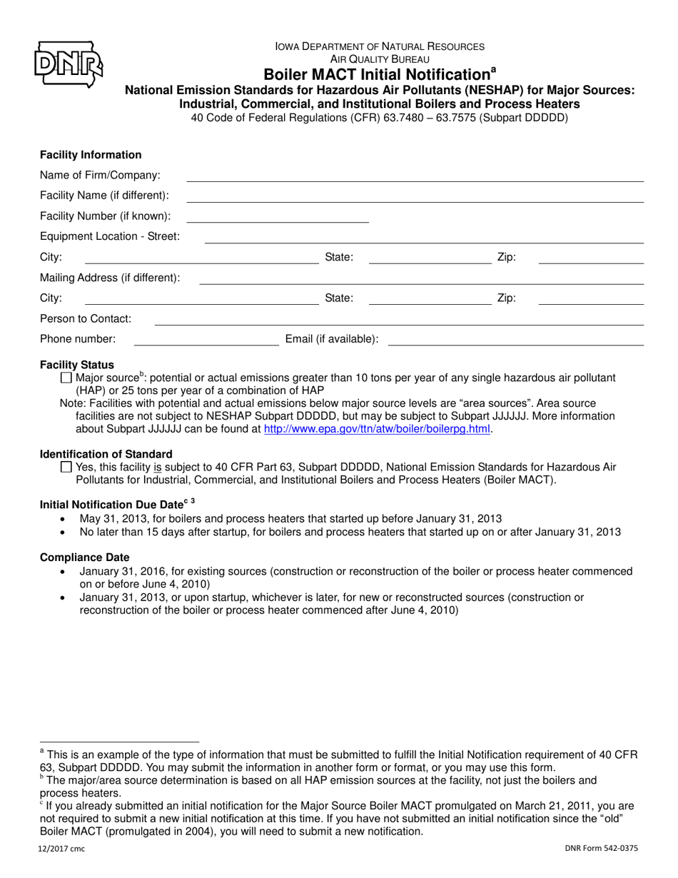 DNR Form 542-0375 Boiler Mact Initial Notification - National Emission Standards for Hazardous Air Pollutants (Neshap) for Major Sources: Industrial, Commercial, and Institutional Boilers and Process Heaters - Iowa, Page 1