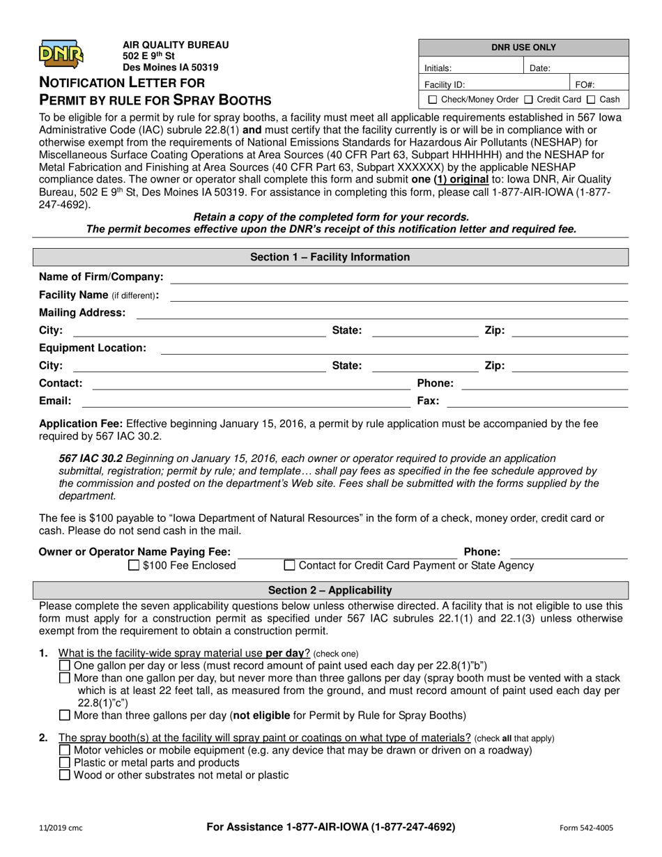 DNR Form 542-4005 Notification Letter for Permit by Rule for Spray Booths - Iowa, Page 1