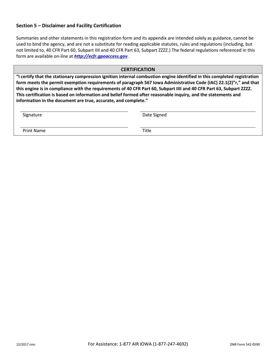 DNR Form 542-0590 Registration for Stationary Compression Ignition Internal Combustion Engines Less Than 400 Brake Horsepower - Iowa, Page 4