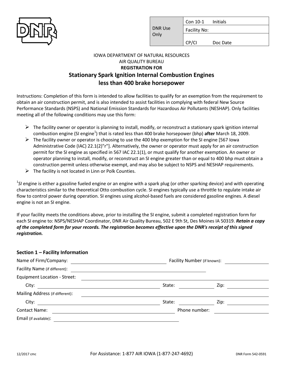DNR Form 542-0591 Registration for Stationary Spark Ignition Internal Combustion Engines Less Than 400 Brake Horsepower - Iowa, Page 1